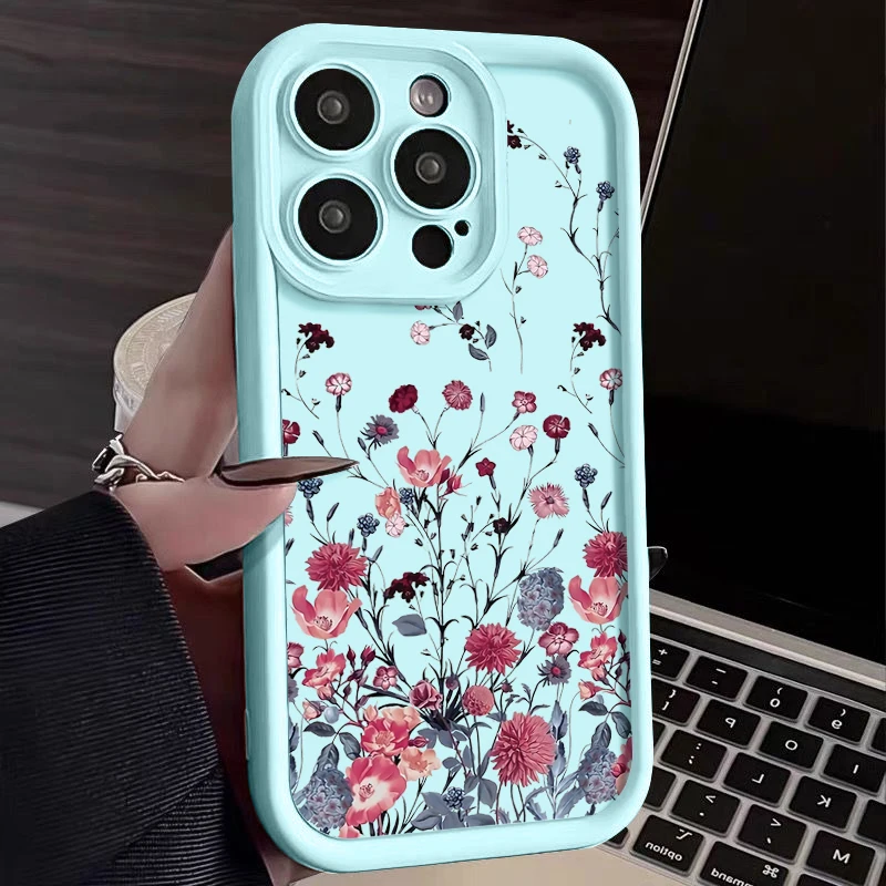 Shockproof Bumper Red Flower Case For iPhone 15 Pro Max Coque iPhone 16 11 12 13 14 Pro Max Luxury Soft Silicone Phone Cover