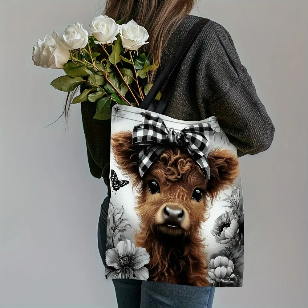 1pc Adorable Highland Cow Design Shoulder Bag Modern Art Portable Shopping Bag for School Travel Portable Storage Handbag