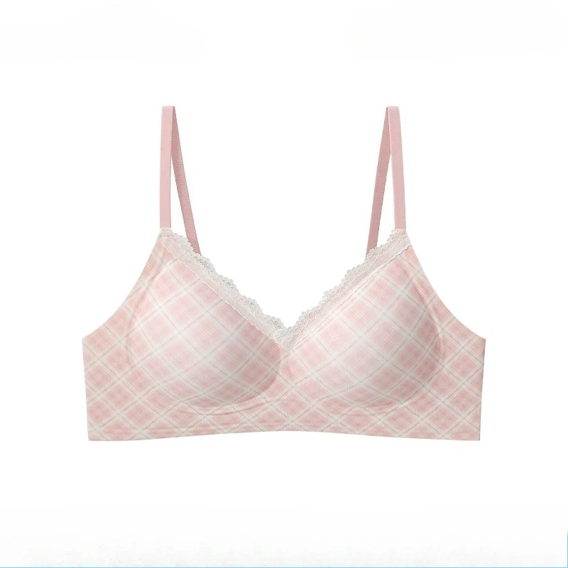 Sutiã Sem Aro Sem Costura Push Up Xadrez Britânico Renda Antiflacidez Ajuste Lateral Confortável Suporte Feminino Moderno