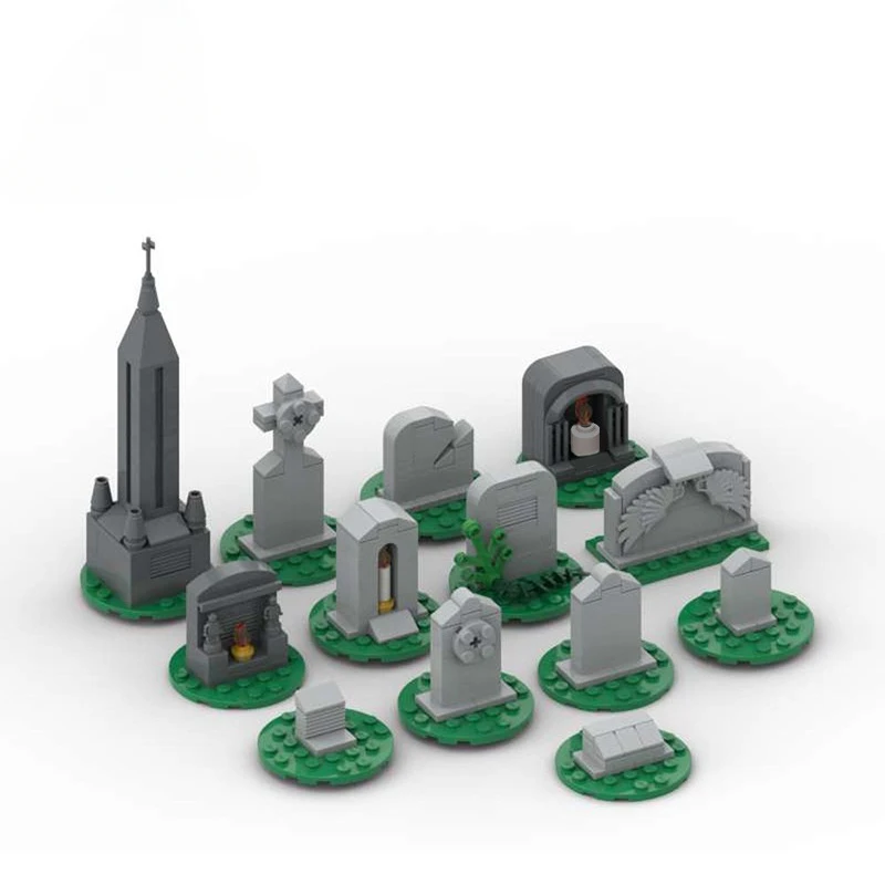 MOC-99491 Creative Minifigure Tombstone Cemetery Stone Monument Building Block Set Crypt Grave Scene Model Kids Puzzle Toys Gift