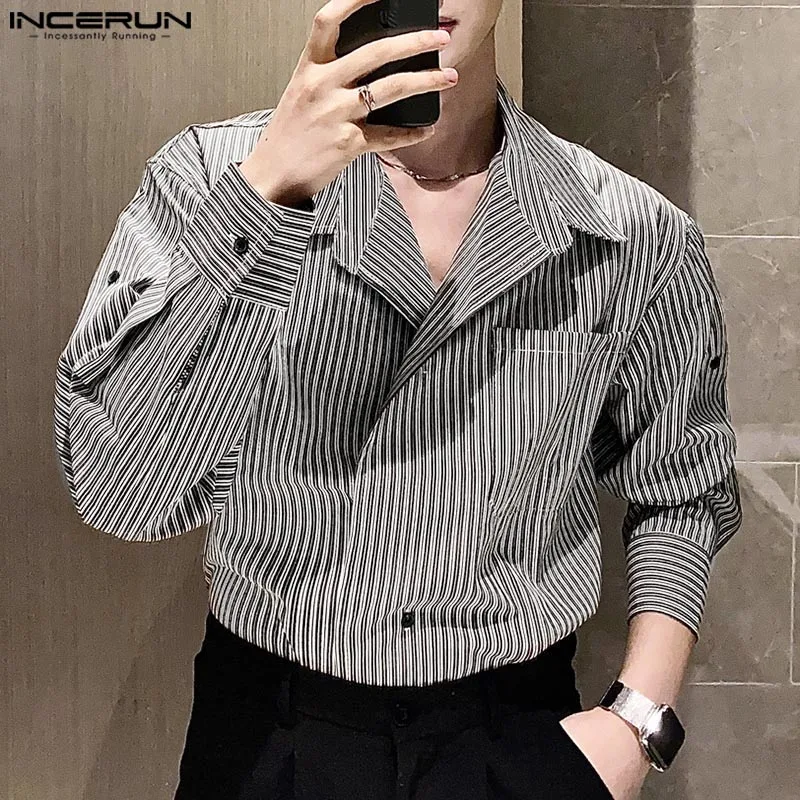 INCERUN Men Shirts Turn Down Collar Long Sleeve Button Pocket Blouse Striped Business Office Work Wear Tops Autumn Streetwear