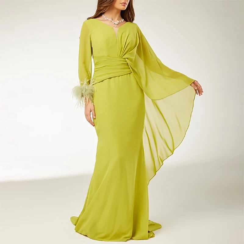 

Green V Neck Long Sleeve Formal Evening Dresses Elegant Mermaid Chiffon Feather Dresses For Gala Customized