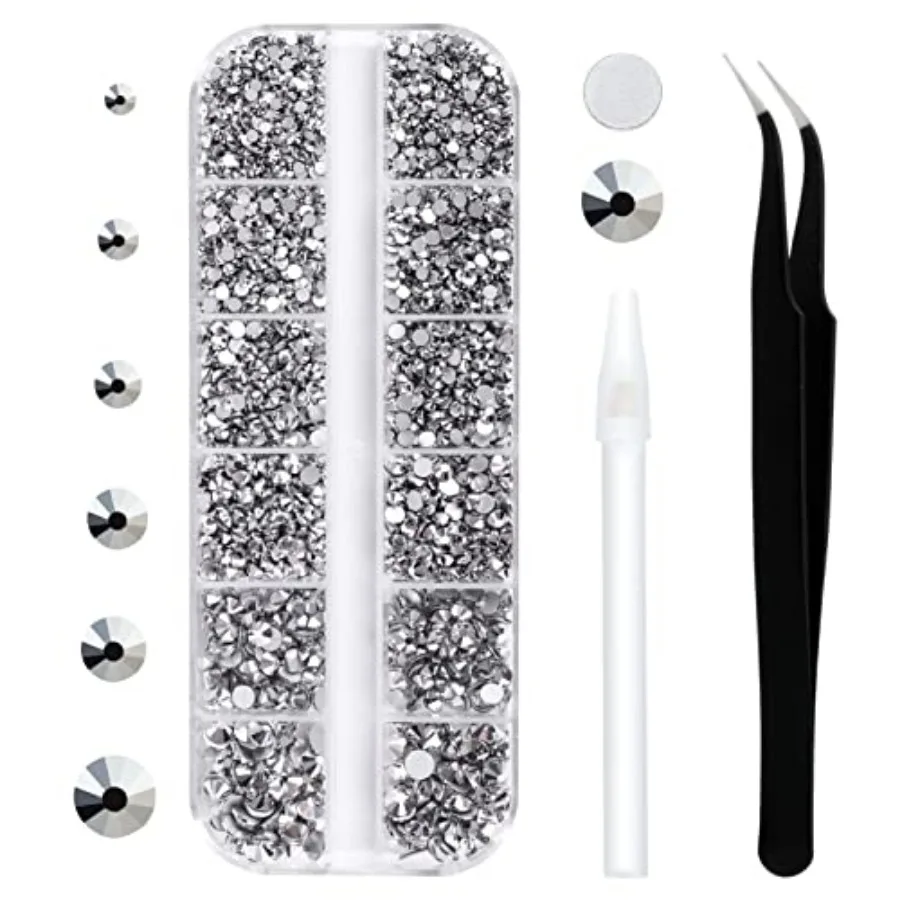 

3792pcs White Crystal Flatback Rhinestones Glass Diamantes Round Gems for Crafts Nail, Makeup, Clothes, Mixed 6 Sizes with Wax