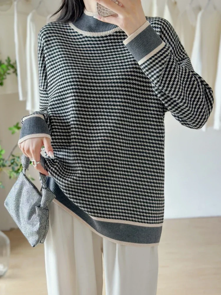 

2024 Autumn/Winter Fashion New Women's Knitted Retro Warm Elegant Hoodie Half High Collar Color Blocked Casual Cashmere Sweater