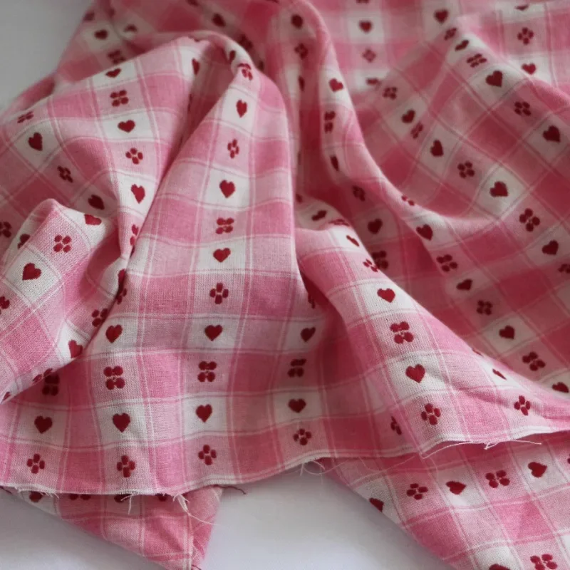 145x50cm Pink and White Plaids  Love Heart Yarn-Dyed Jacquard Cotton Shirt Dress DIY Sewing Cloth