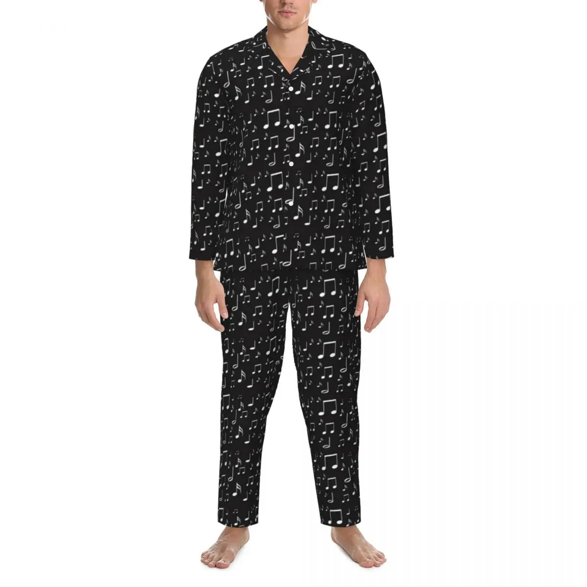 Ensemble de pyjama surdimensionné avec notes de musique pour hommes, vêtements de nuit, blanc et noir, manches longues, joli sommeil, graphique, maison trempée, décontracté, printemps