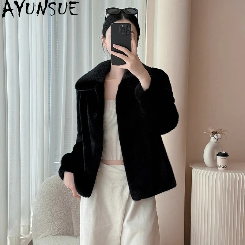 AYUNSUE abrigos de piel de visón Natural para mujer abrigo de piel negra 2025 Otoño Invierno abrigo mujer ropa de oficina ropa de mujer Pelzmantel Damen