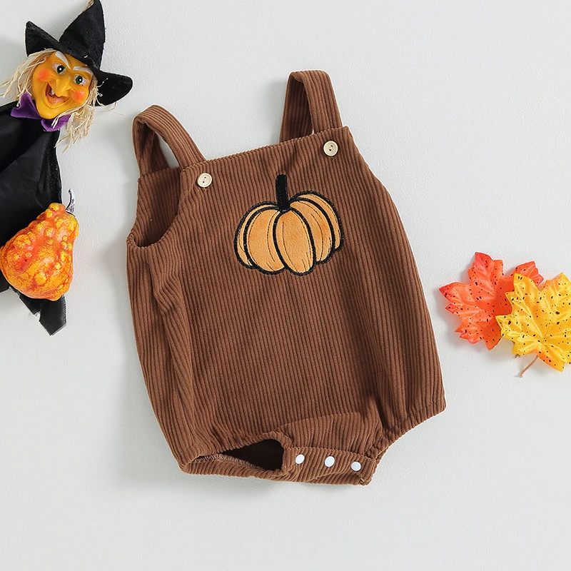 0-18 Months Baby Girls Boys Corduroy Rompers Halloween Clothes Pumpkin/Witch Hat/Ghost Pattern Sleeveless Straps Bodysuits