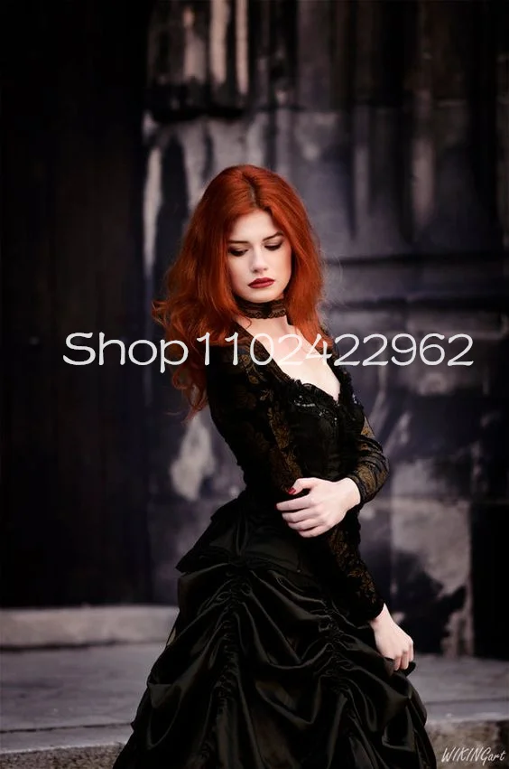 Vestidos de baile de beleza vitoriana, Vestidos góticos pretos vintage, Ruched Puffy Skirt, Vestidos de noite Halloween, Sweethear Long Sleeve