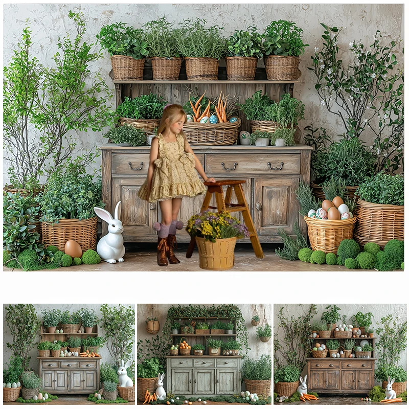 

LS Photography Background Spring Easter Green Plant Cupboard Bunny Eggs Kids Birthday Portrait Decor Backdrop Photo Studio