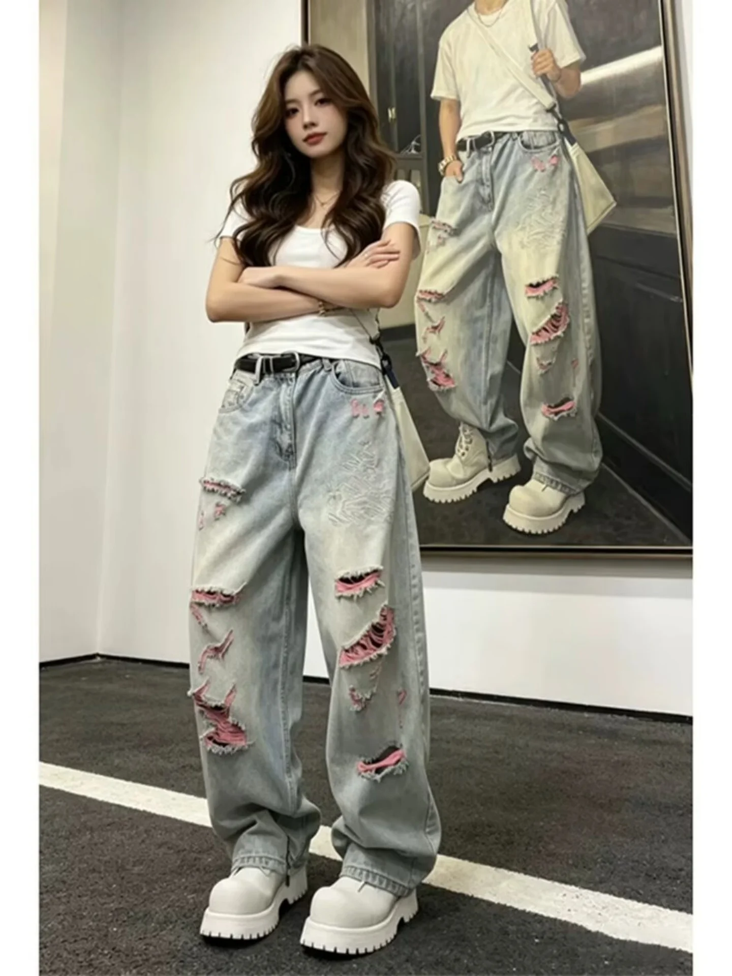 

Cool Hole Denim Jeans Men Summer Sweet Cool Design Loose Slimming Handsome Straight Leg Wide Leg Pants Water Washed Jeans
