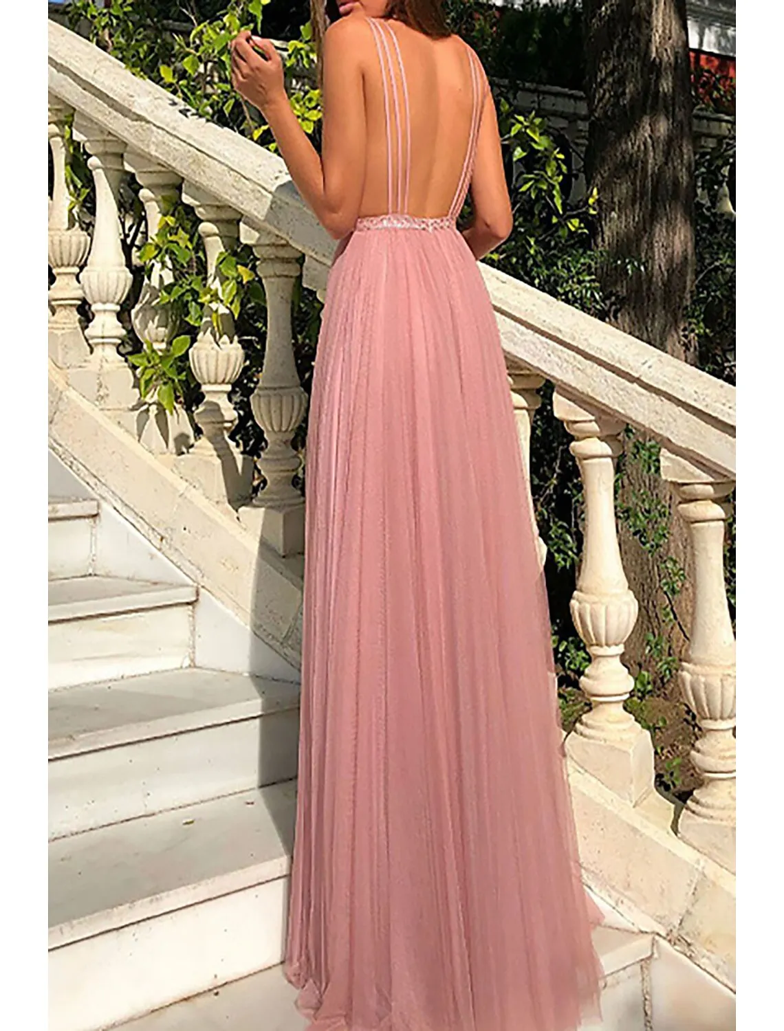 Alicerb Women's A Line Homecoming Dresses Sequin Maxi Long Pink Sleeveless Pure Color Backless Chiffon Deep V Party Modern 2022