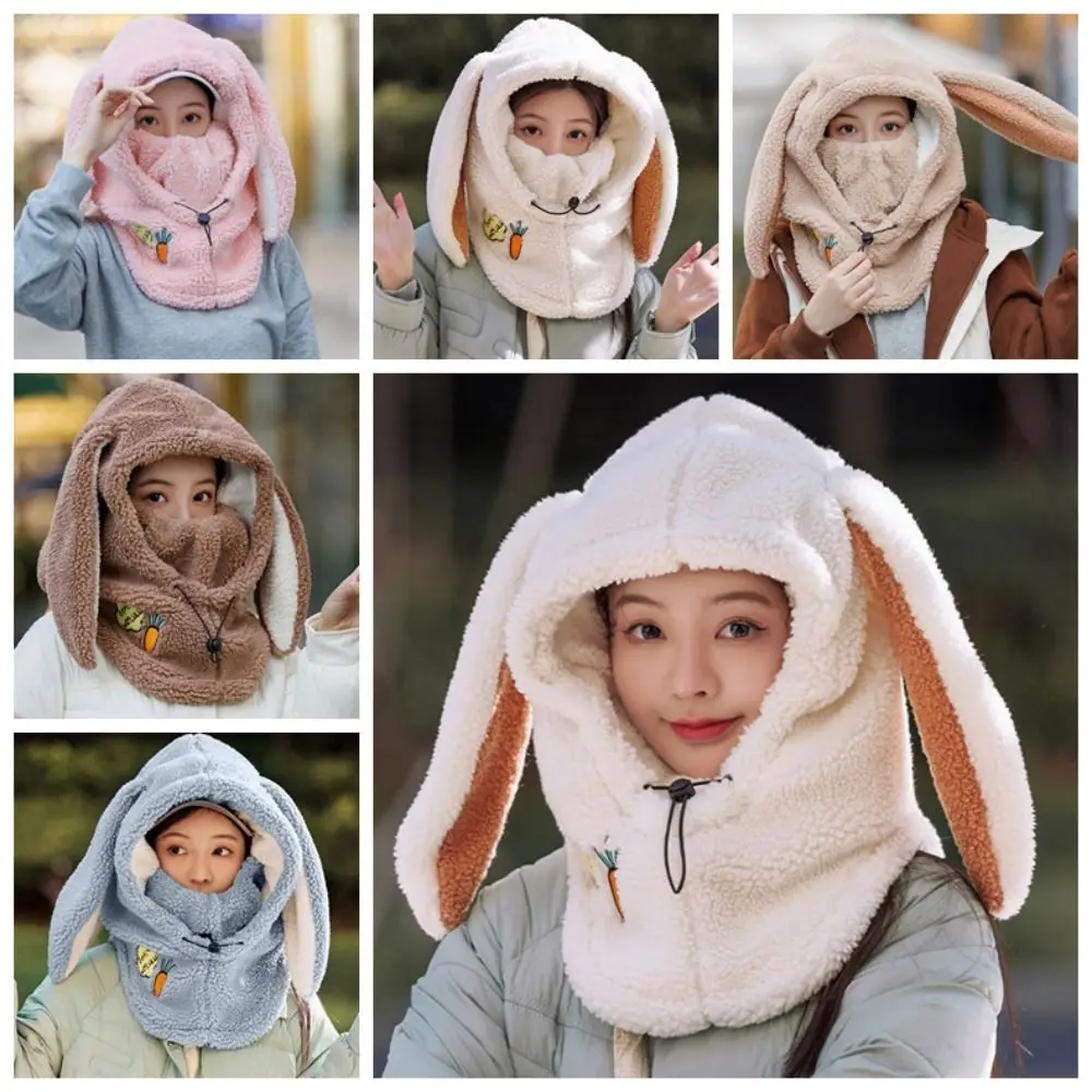 Cartoon Rabbit Ear Balaclava Hat Drawstring Solid Color Fleece Pullover Cap Ear Protector Neck Warmer Masks Hood Beanies Cycling