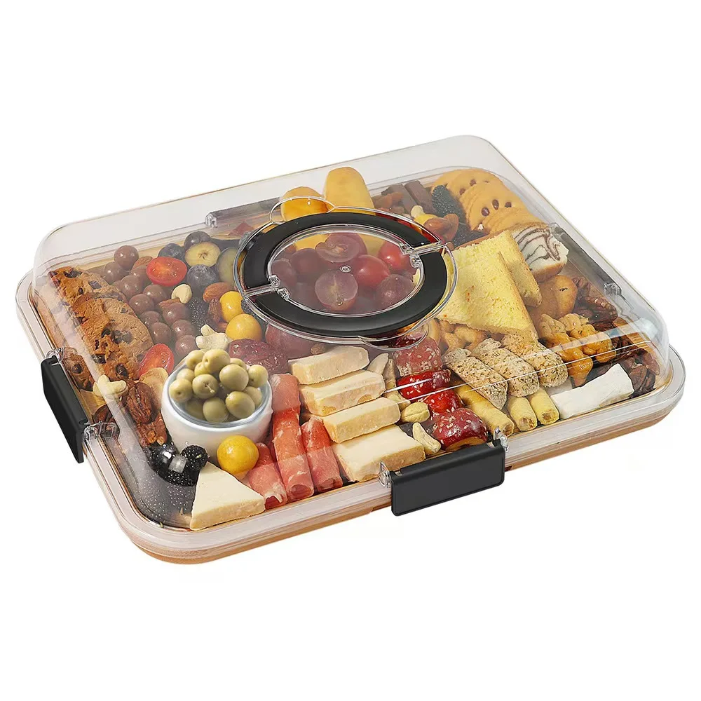 

Тарелка для выпечки Deli, бытовая кухонная тарелка для овощей, фруктов, конфет, сыра, бамбуковый поднос для кемпинга на открытом воздухе с акриловой крышкой