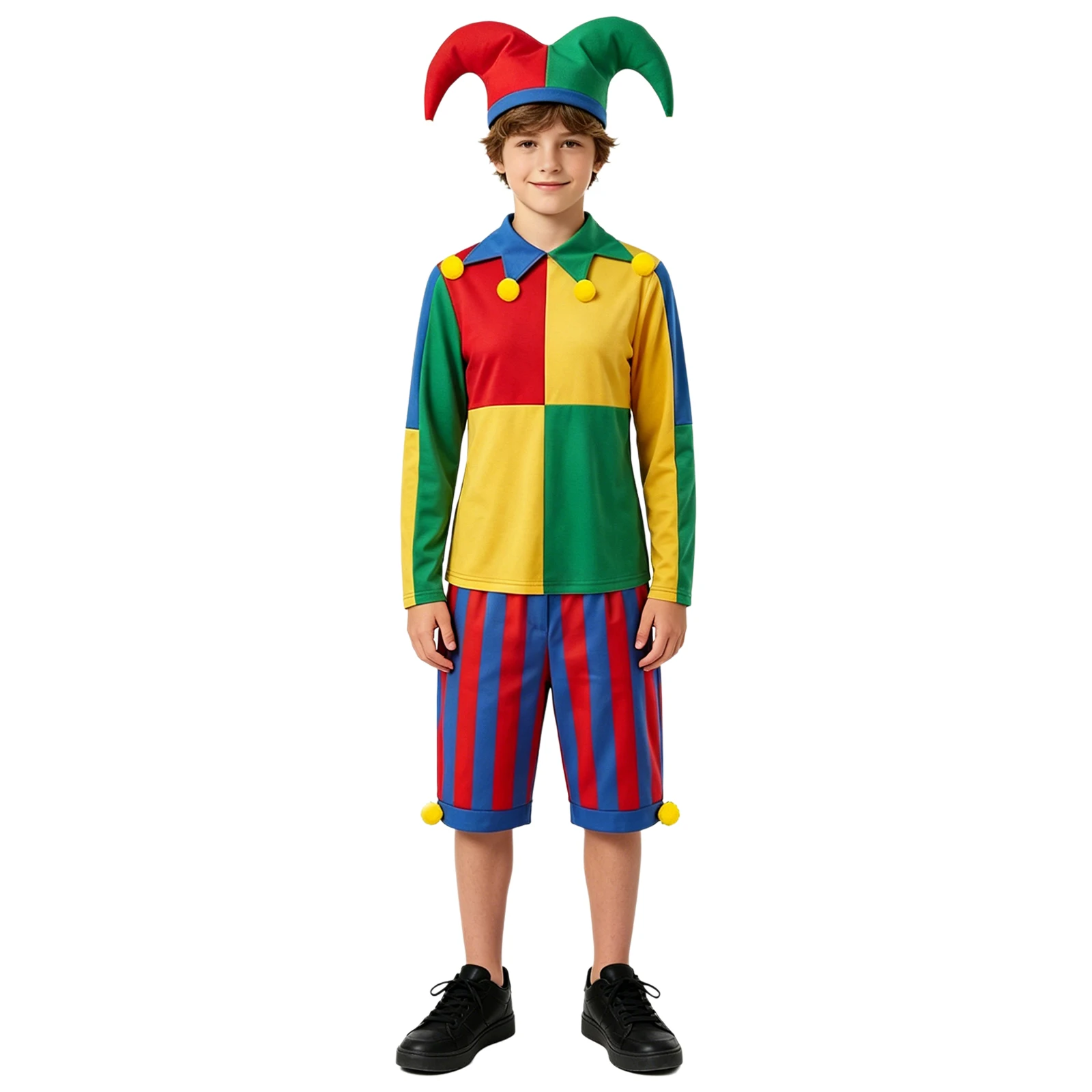 

Clown Funny Joker Costume Set Long Sleeve Top with Stripe Shorts Clown Hat for Halloween Carnival Circus Party Stage Performance