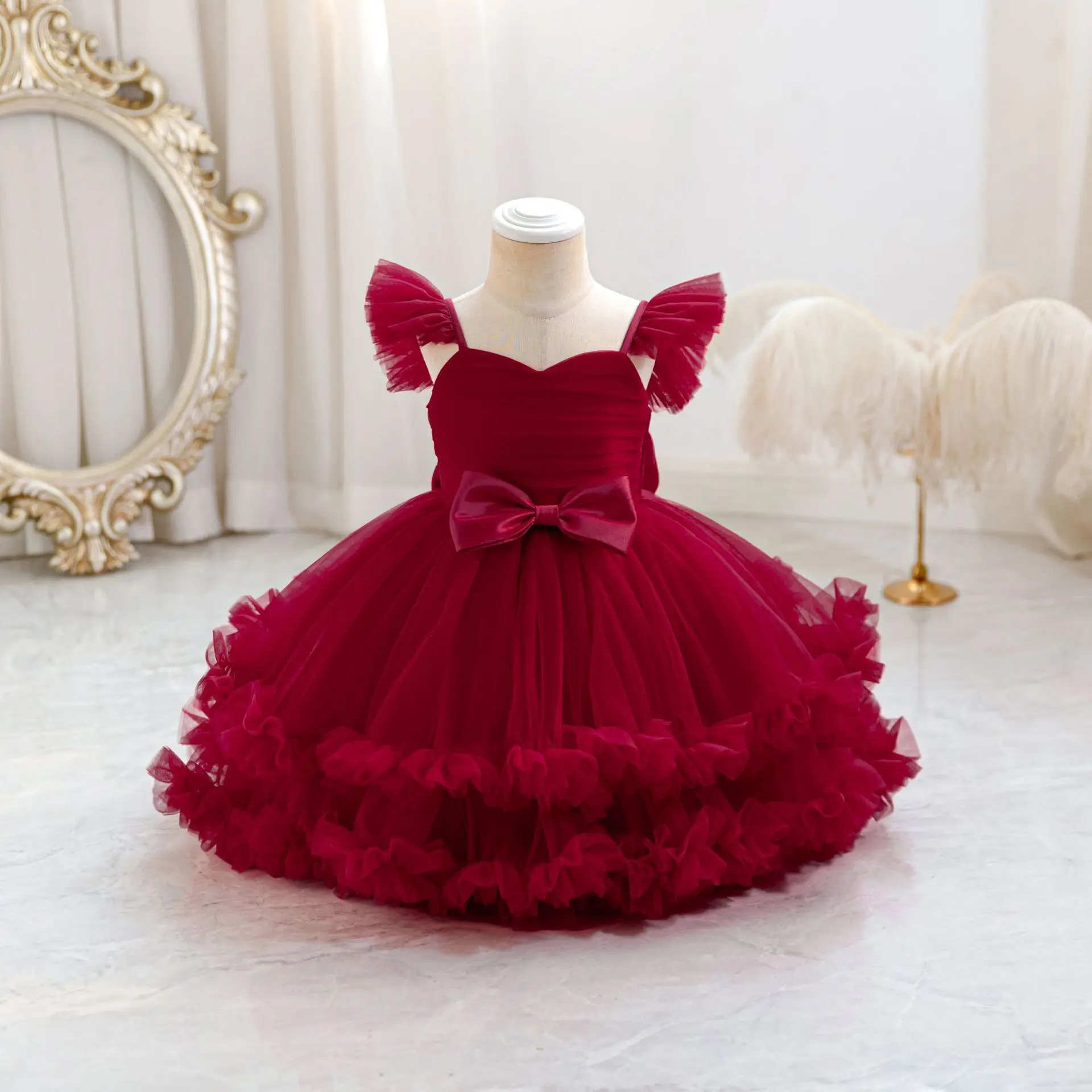Baby Girls' Wine Red Beautiful Princess Dress, Children's Fluffy Birthday Banquet, Flower Girl Wedding Dress