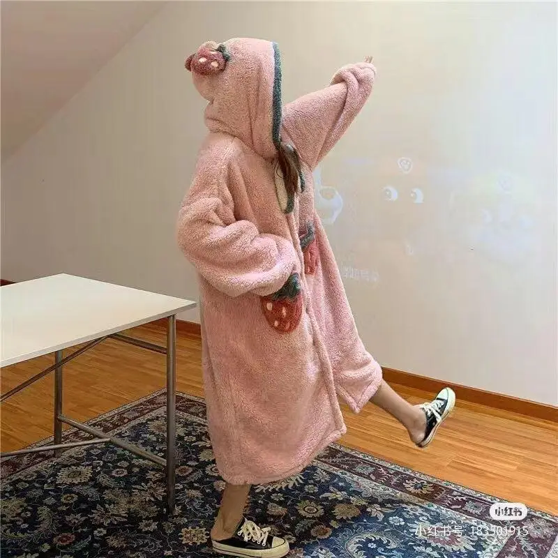 Nowa koszula nocna damska z kapturem, piżama, szlafrok, jesienno-zimowa, z długim rękawem, miękka i ciepła odzież domowa