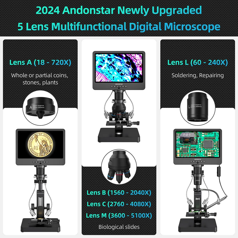 Andonstar AD269S z endoskopem UHD 2160P mikroskop cyfrowy HDMI 5000X 10,1-calowy wyświetlacz LCD z 5 obiektywami mikroskop biologiczny do domowego