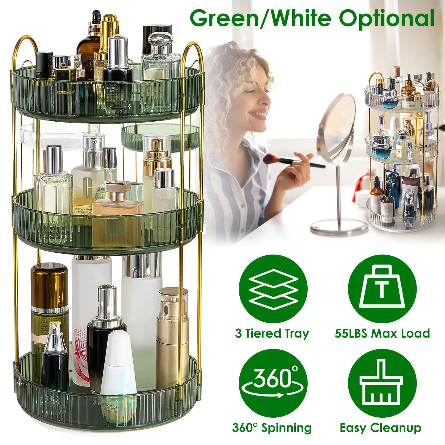 Fresh Fab Finds 3 Tier Rotating Makeup Organizer 360° Spinning Perfume Cosmetic Storage Tray 55LBS Load Countertop Shelves for L