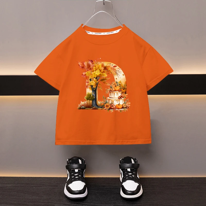 Maple Leaves Letter D Children T-shirt Kawaii Clothes for Girls T Shirt Anime Cartoons Casual Kid Boy Short Sleeve Tops New 2024