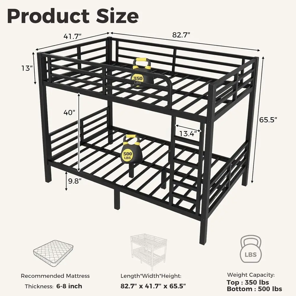 Durable Metal Twin XL Bunk Bed for Adults, 350-500 lbs Capacity, Ladder & Guardrail, Steel Slats, No Box Spring Needed, Black