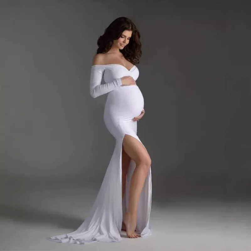 ソフトコットンマタニティマキシドレス-日本風vネックフローイングヘムトレーン-エレガントな妊婦用フォトグラフィードレス