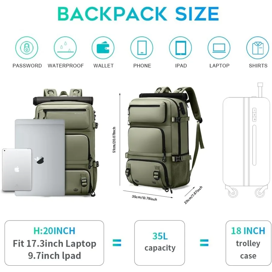 Travel backpack Carry-on Travel Backpack For Women Men Flight Approved Business Weekender Overnight Waterproof Daypack Green