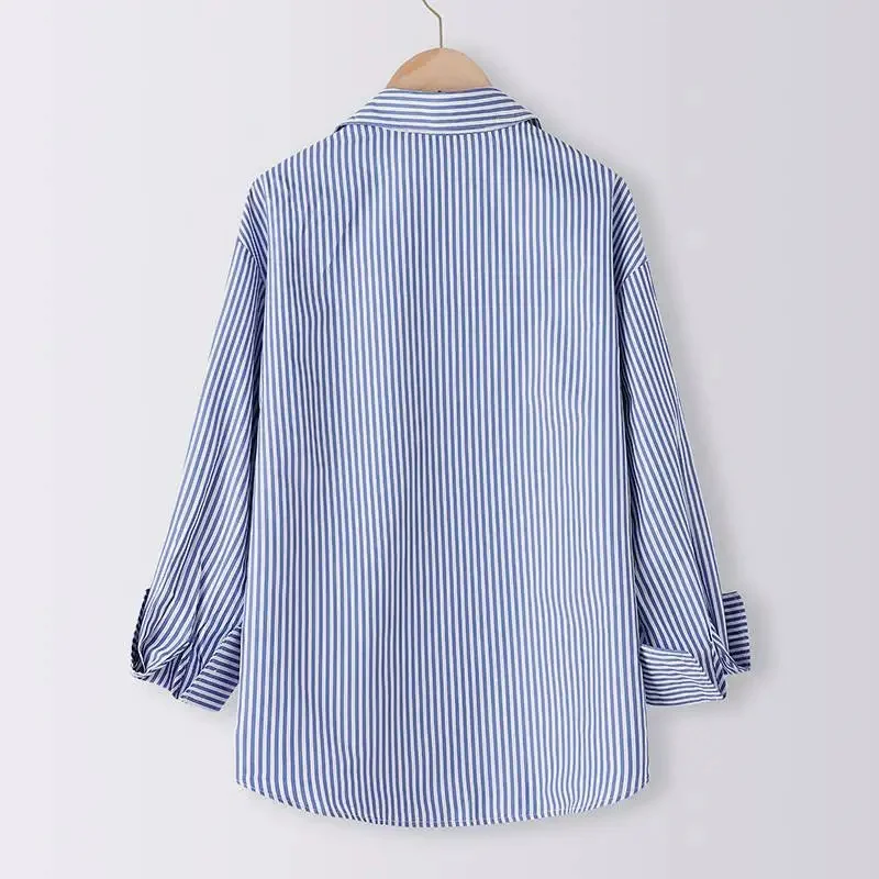 Women Spring Summer Blouses Shirts Lady Fashion Casual Long Sleeve Turn-down Blue Stripes Blusas Tops