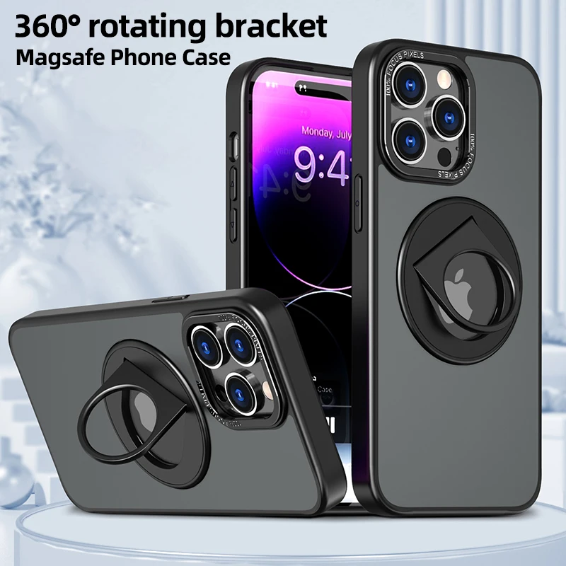 New Arrival 360° Rotating Stand Phone Case For iPhone 15 14 13 12 Pro Max Translucent Matte Magnetic Magsafe Holder Funda Cover