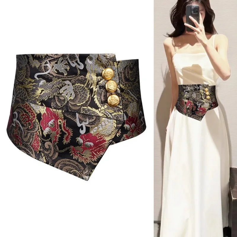 Luxury Design Black Jacquard Fabric Elastic Waistbands Women Hans Traditional Wide Irregular Waist Belts Corset Ceinture Femme