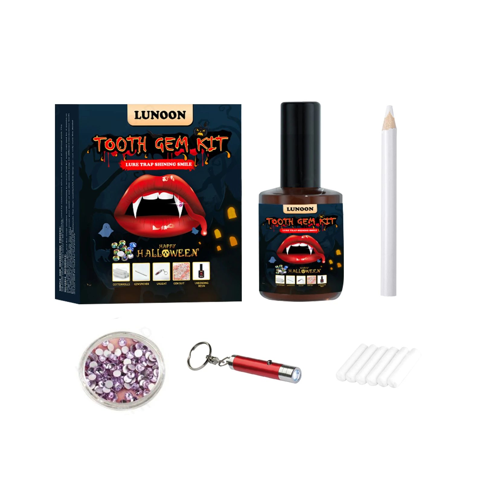 Halloween Tooth Jewelry Kit with Curing Light Glue Professional Dental Adhesive Gem Crystals Ornaments Party Safe for Oral Use