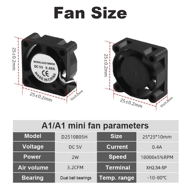 

Bambu A1/A1 mini hot end throat cooling fan 2510 double ball bearing cooling fan PWM temperature control 3D Printer Parts