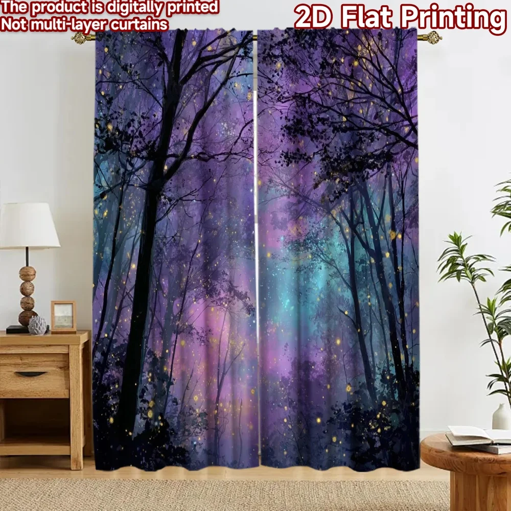 2D flat printing 2pcs Curtain Scene Curtain Starry Forest Glow Digital Printed Polyester Drapes Festive Wall Decor Use for