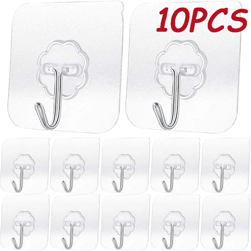 

10PCS Transparent Stainless Steel Strong Self Adhesive Hooks Multi-Function Key Storage Hanger for Kitchen Bathroom Door Wall