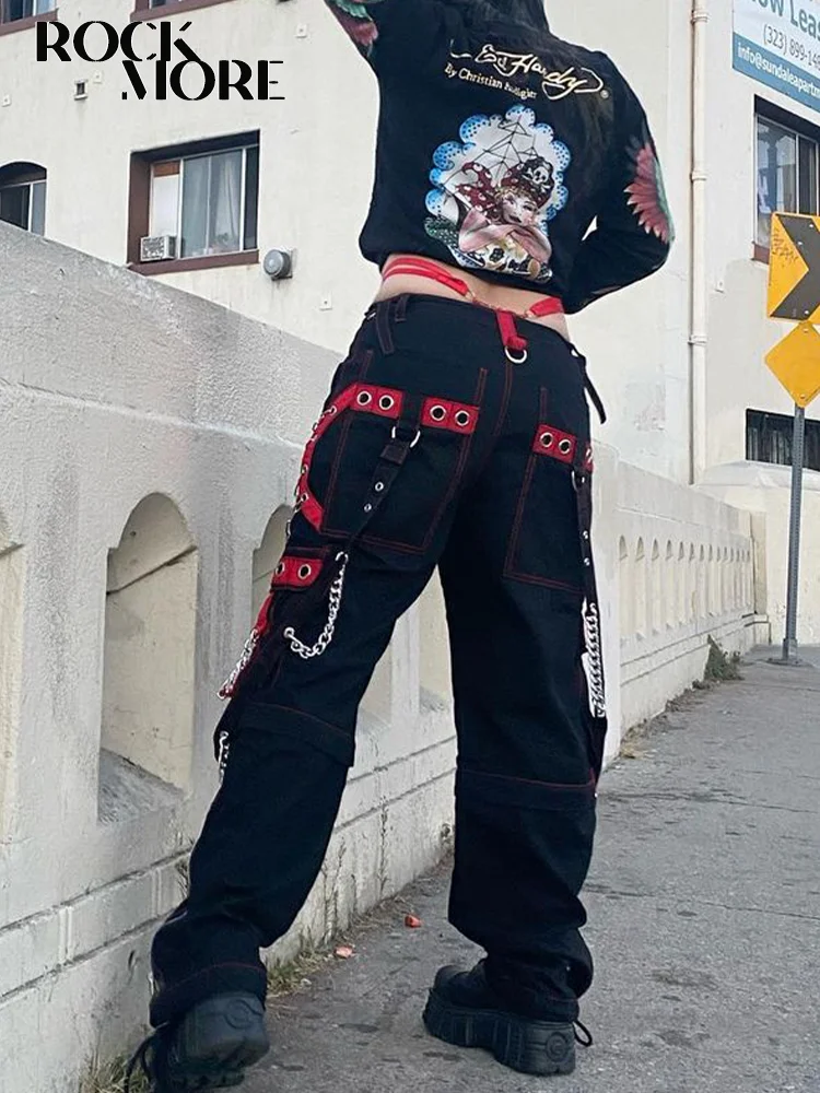 Rockmore Women Cargo Pants with Chain Fashion Harem Pants Punk Pockets Jogger Baggy Trousers Hip Hop Low Waist Streetwear Grunge