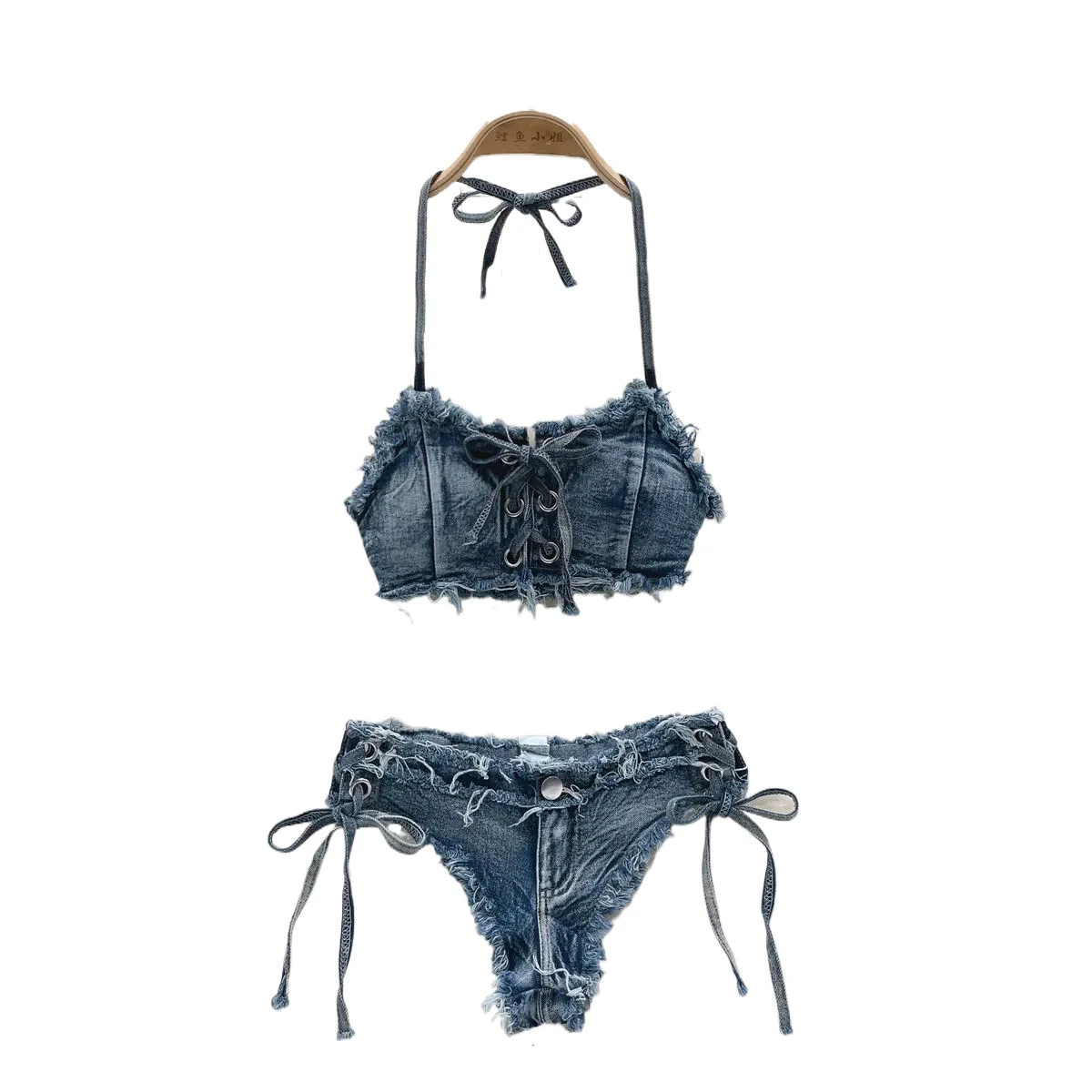 2024 Women's Bikinis Set Summer Sexy Denim Strap Bra Vest and Low Waist Shorts Bathing Suit Swimsuit  Swimwear