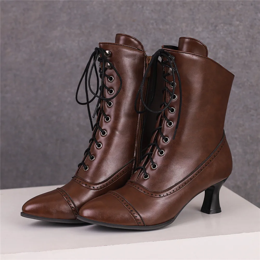 2024 nuove scarpe stringate da donna con tacco alto strani stivali Steampunk stivaletti vittoriani da donna stivali corti con suola spessa e punta a