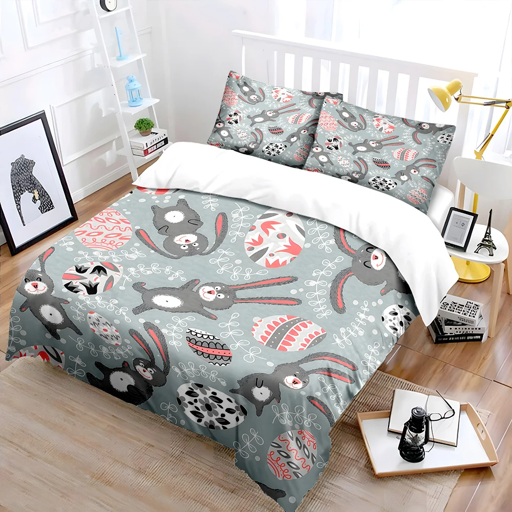 Gray background bunny egg pattern Print Bedding Set 1 Duvet Cover 2 Pillowcases for Adult and Children Luxury Gift Full Size