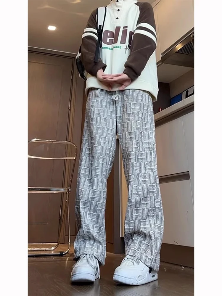 

Plaid Preppy Sle Men's Autumn Winter Fce Lined Heavyweight Sweatpants Trendy American Retro Straight Leg Wide Leg Casual...