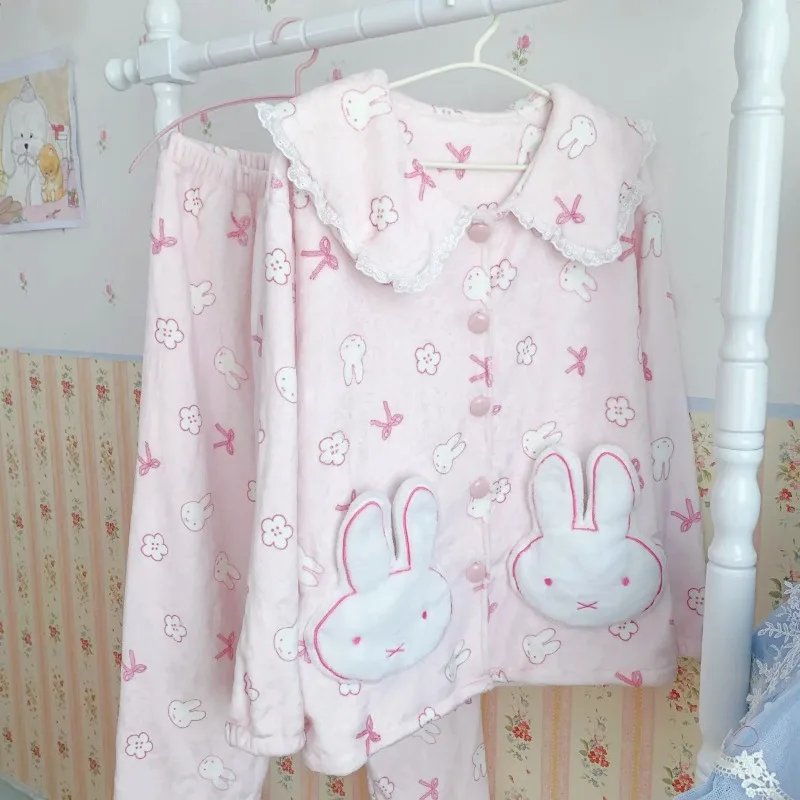 Kawaii Nijntje Flanellen Pyjama Set voor Dames - Gezellige Cartoon Bunny Winter Nachtkleding Sweetheart Girly Loungewear met Pluche Zakken
