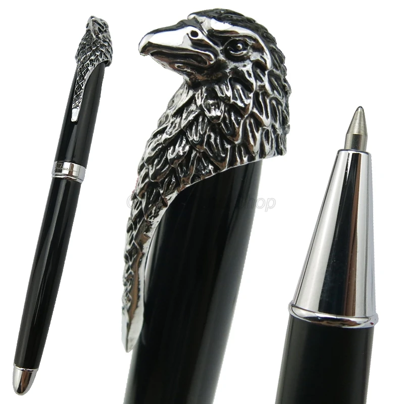 Fuliwen Metal Black Barrel Roller Ball Ballpoint Pen Silver Trim Owl Eagle Head Clip Writing Tool Gift Pen