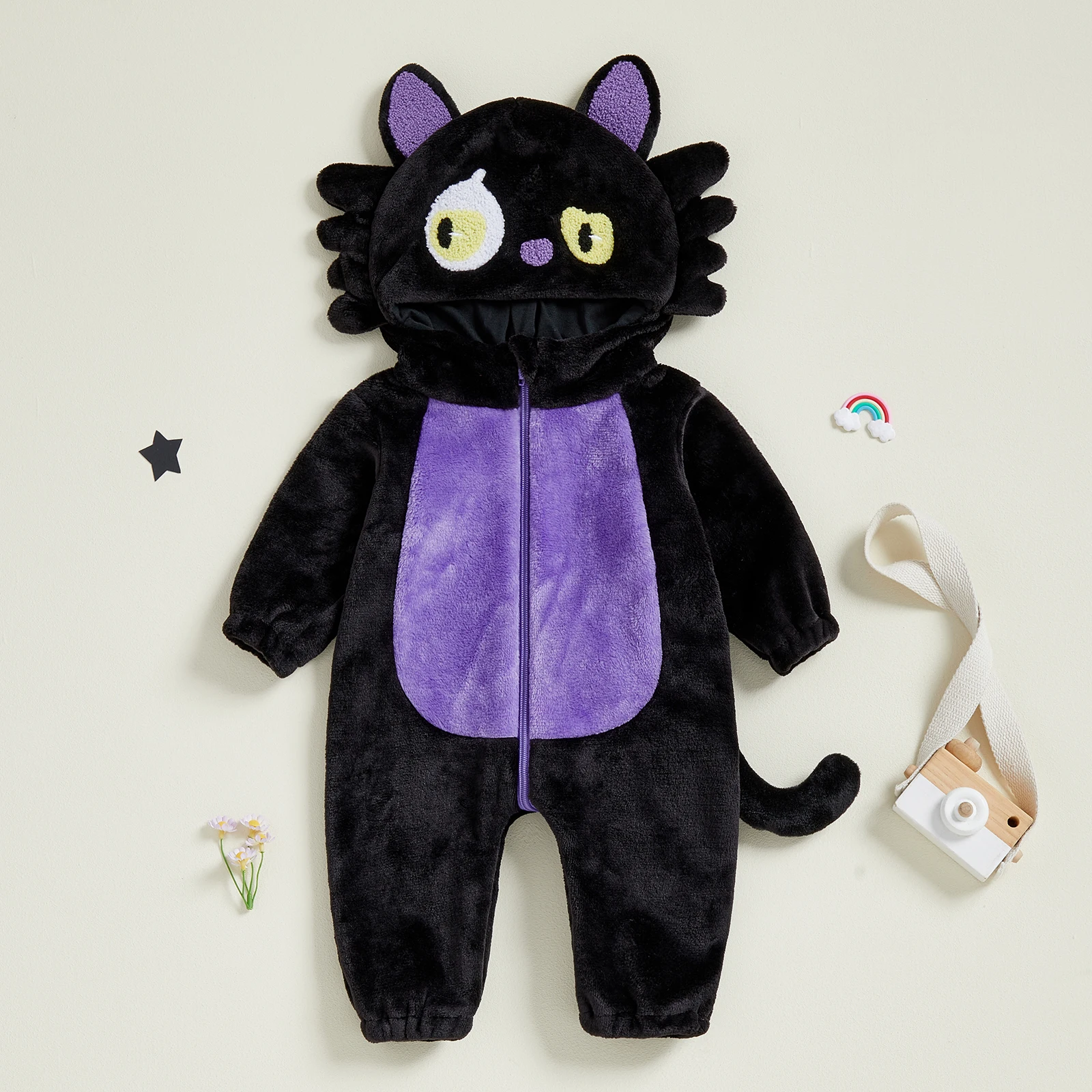 

SUNSIOM 0-24 Months Baby Black Cat Costume for Boys Girls Long Sleeve Plush Hooded Jumpsuit Newborn Romper