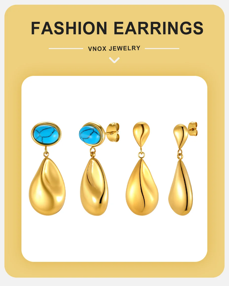 Vnox Elegante Tropfenohrringe für Damen, trendiger Edelstahl, 18K vergoldet, Naturstein, blauer Türkis, tropfenförmige Hängeohrringe – Detail 1