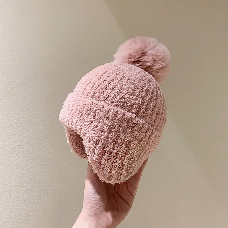Winter Warm Baby Ear Protection Hat Solid Color Coral Velvet Kids Pompom Beanies Bonnet Plush Ball Children Earmuffs Cap 2-7year