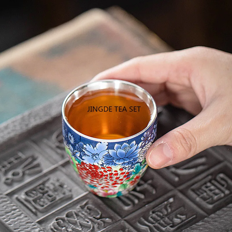 Enamel colored pure silver tea cup Kung Fu master cup Chinese high-end light luxury creative tea set gift