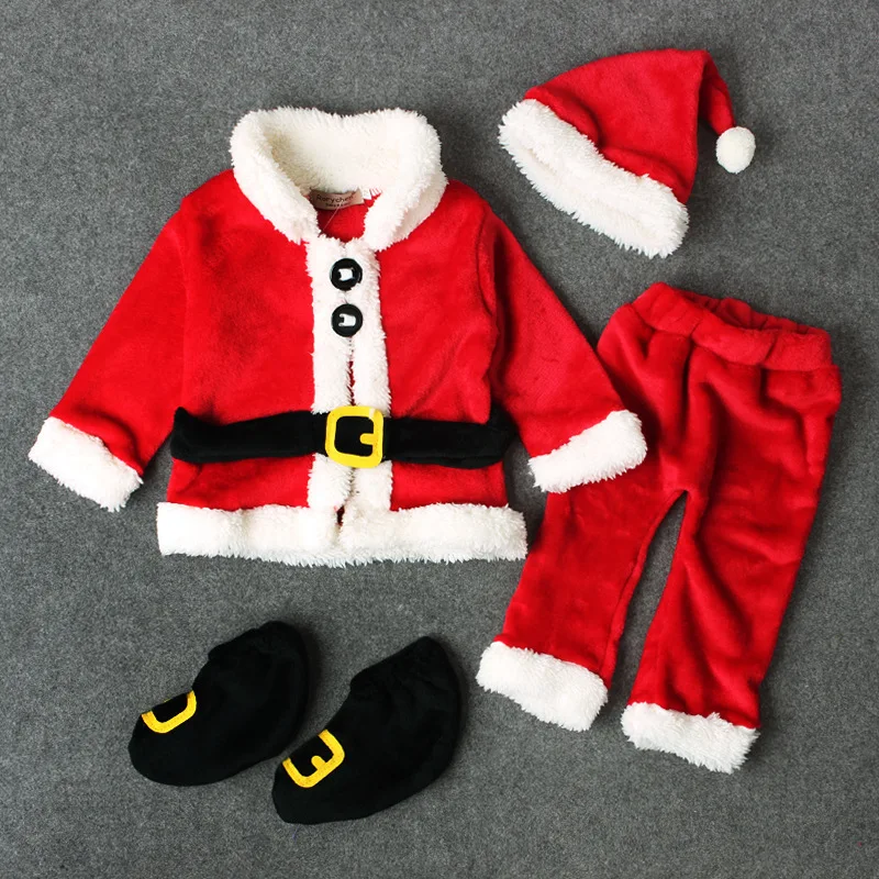 4Piece Winter Christmas Toddler Boy Outfits Cute Warm Thick Fleece Tops+Pants+Hat+Socks Baby's Sets Newborn Photography BC277