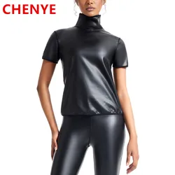 Women High-neck Faux Leather Short Sleeve Fitted Tee Shirt Top Body Shaper Waist Trainer Slim Tshirt Fashion Slim Shapewear tops