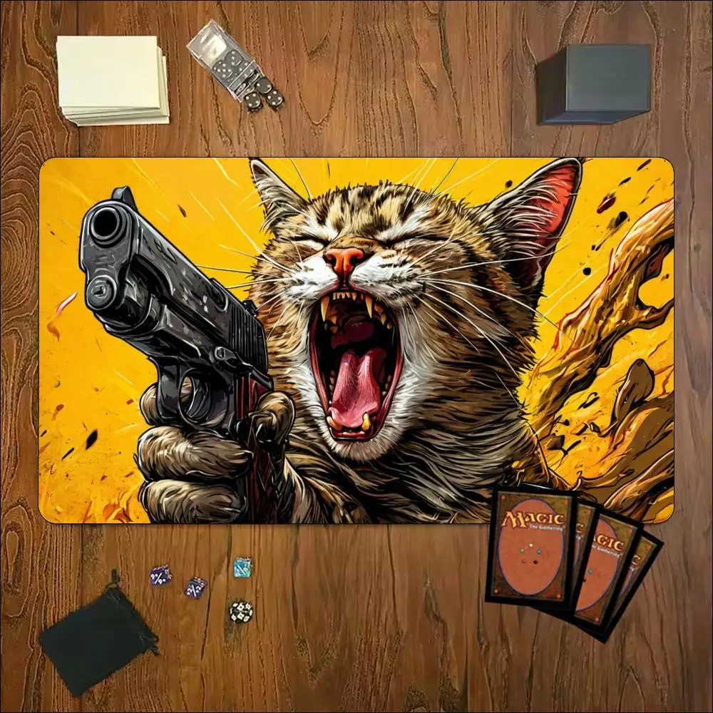 Stylish Pop Art Fierce Kitty Pattern Extended Game Playmat Non Slip Rubber Table Mat For Tabletop Card Games And Hobby Gaming