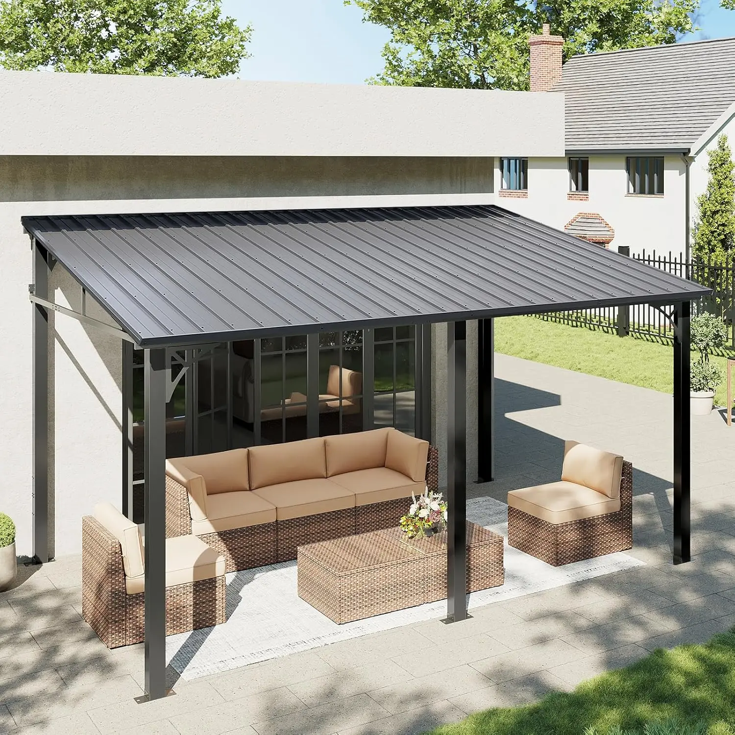 

10x14 Hardtop Gazebo Sloped Galvanized Steel Roof Wall-Mounted Patio Backyard Deck Porch Awning, Customized