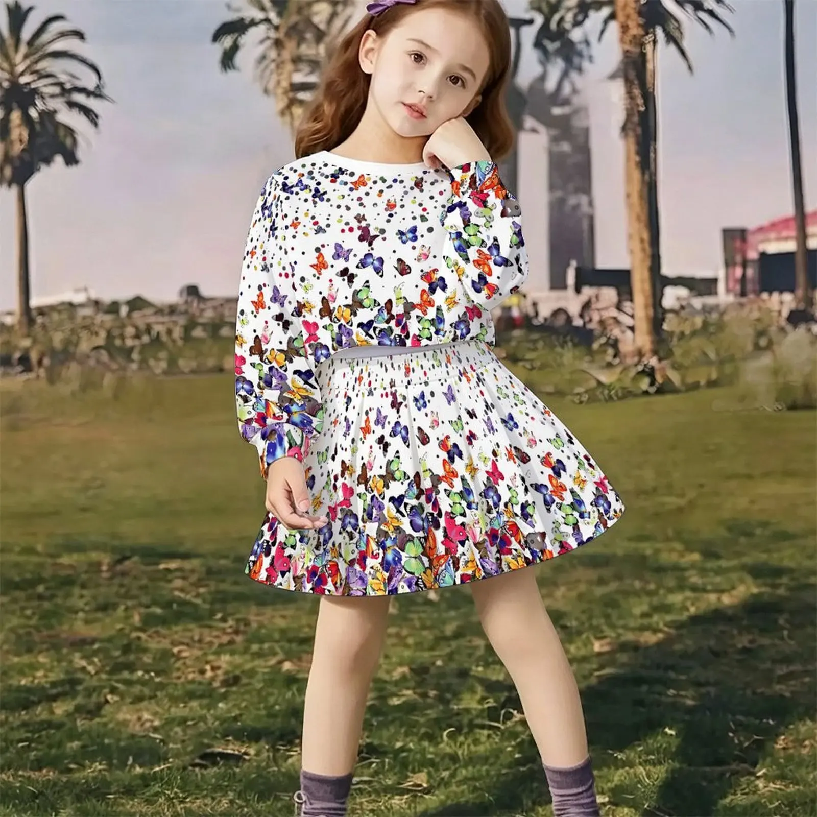 Girls   Two Piece  Long Sleeve Print Top Princess Style Skirt Trendy Fashion Skin-friendly Kids Casual Home Outfit
